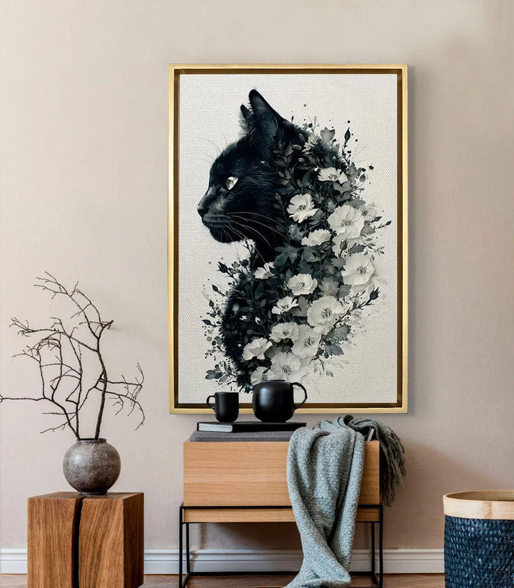 Mise en situation Tableau Feline Blossom décoration salon moderne Massinart