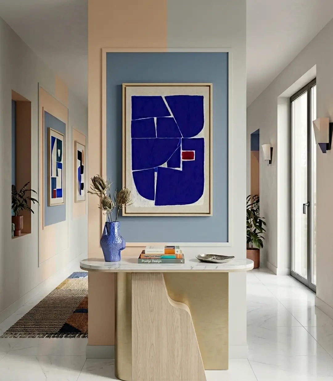 Tableau Indigo abstrait géométrique bleu, blanc et rouge — Massinart