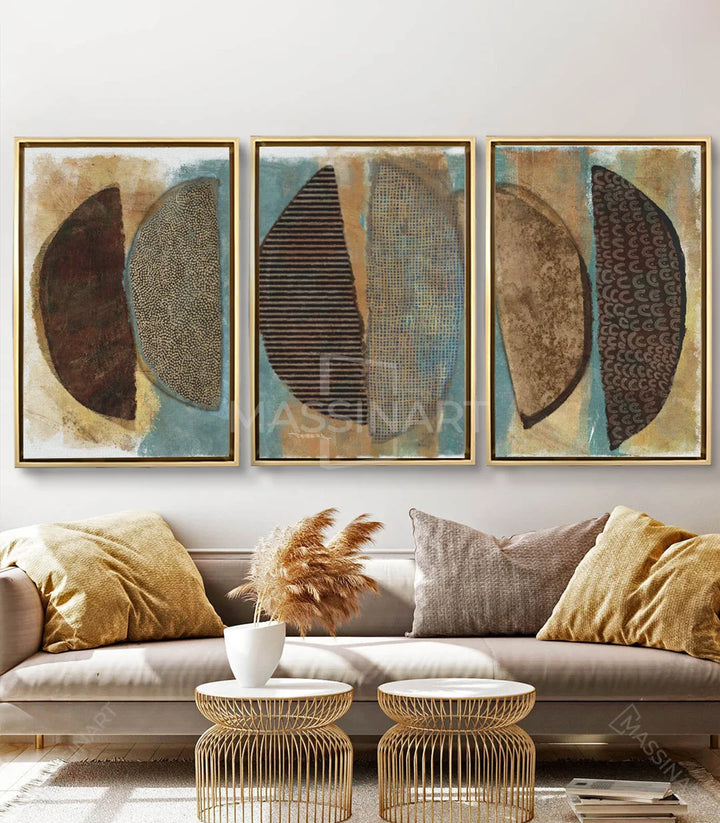 Mise en situation salon moderne — triptyque Boho au-dessus canapé gris Massinart