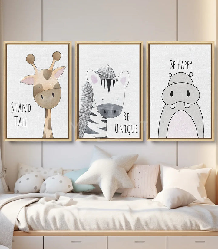 Tableau hippopotame « Be Happy » minimaliste gris — Massinart