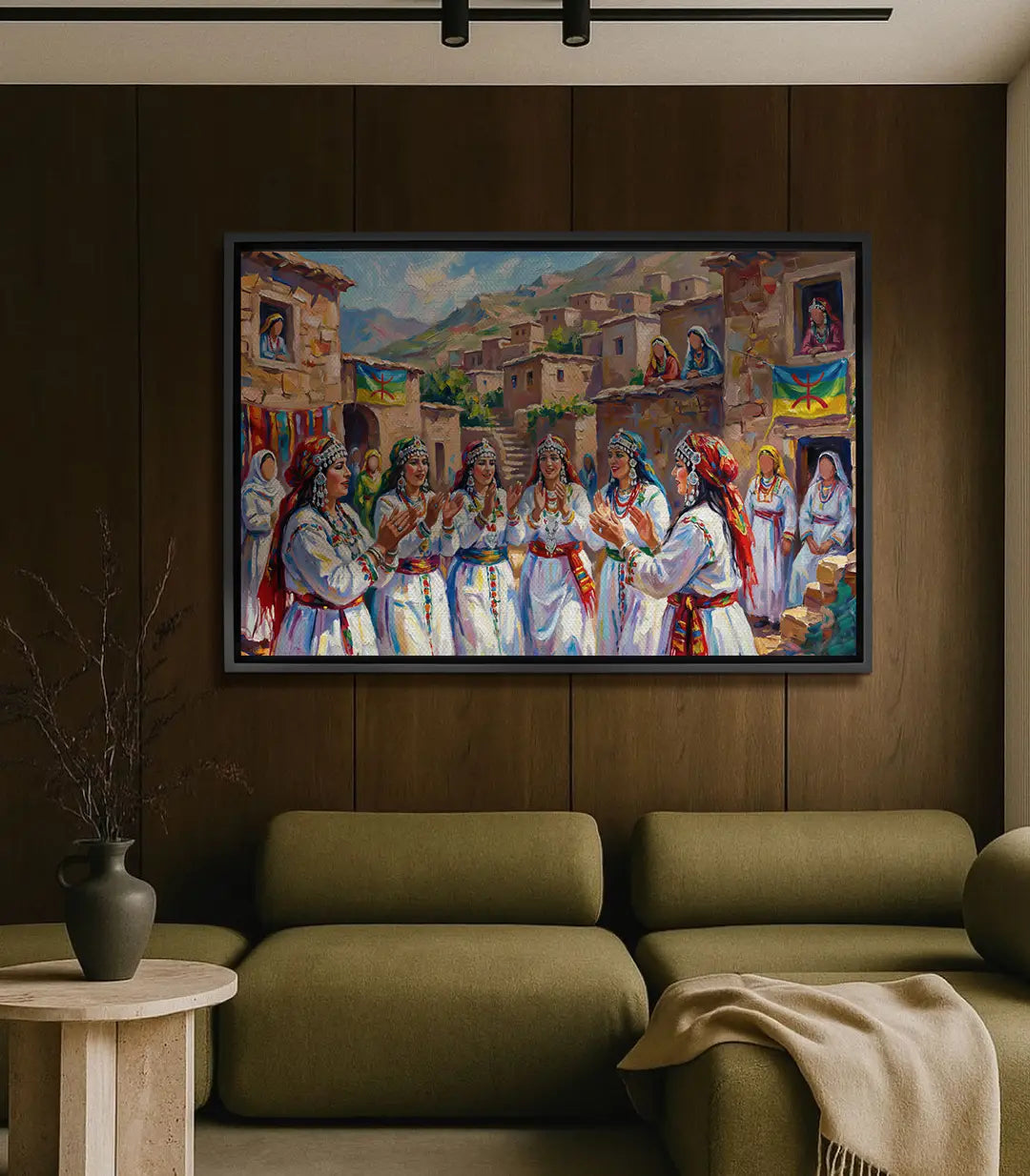 Tableau Amazigh Folklore — scène de danse femmes berbères, costumes traditionnels colorés, village montagneux, Massinart