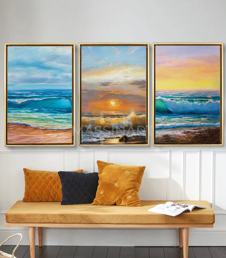 Tableau Pure Sea centre — Coucher soleil orange sur vagues dramatiques Massinart