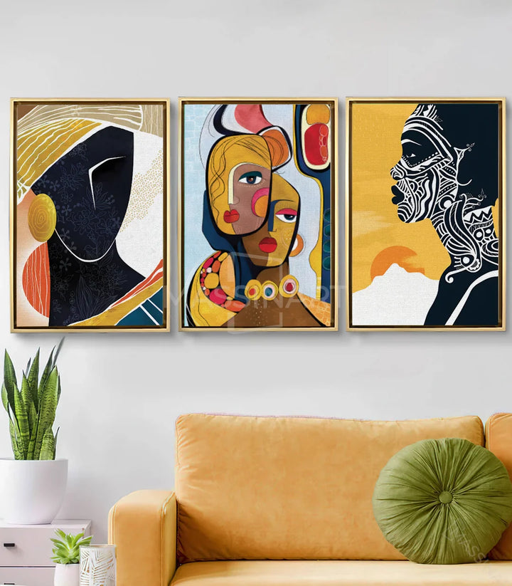Tableau African Soul centre - deux visages féminins colorés jaune, bleu et rouge avec détails pop Massinart