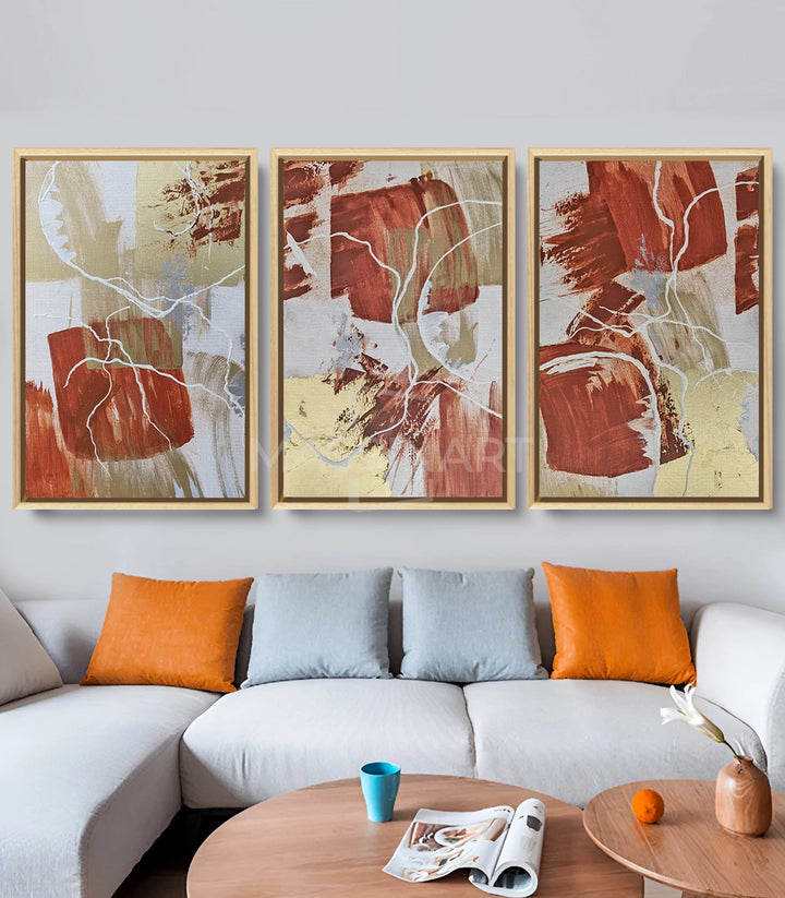 Tableau abstrait triptyque terracotta beige décoration intérieur Massinart