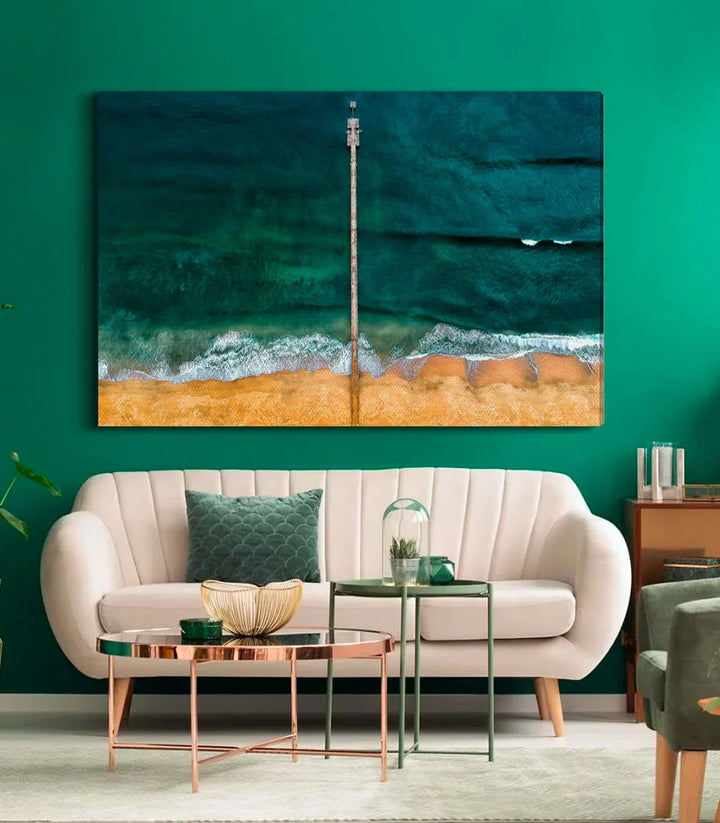 Tableau Ocean Path vue aérienne plage ponton bois mer turquoise Massinart