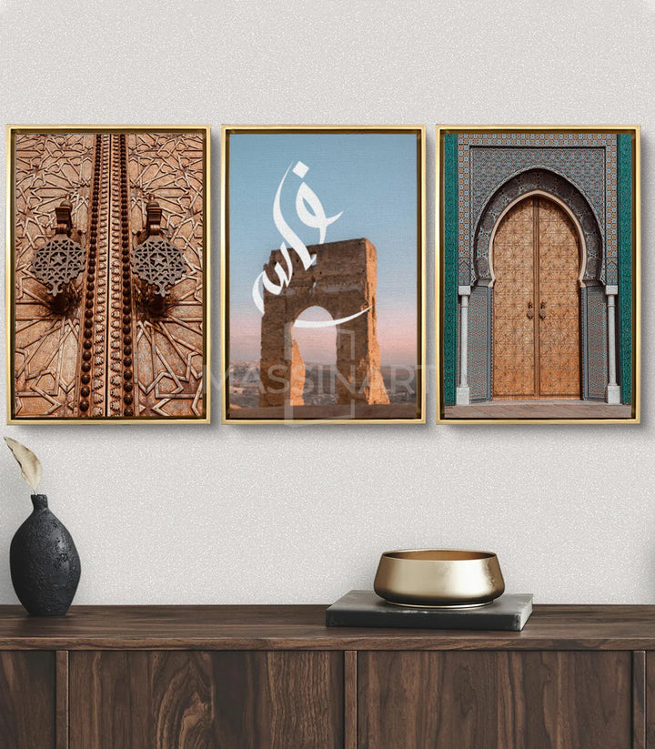 Tableau arche architecturale Fès Massinart — mise en situation salon marocain