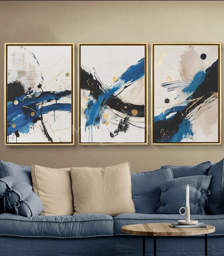 Tableau Cascade abstrait expressionniste bleu noir doré centre Massinart