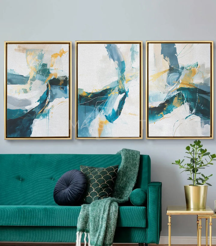 Tableau River Flow panneau central Massinart — composition fluide tons teal et ocre