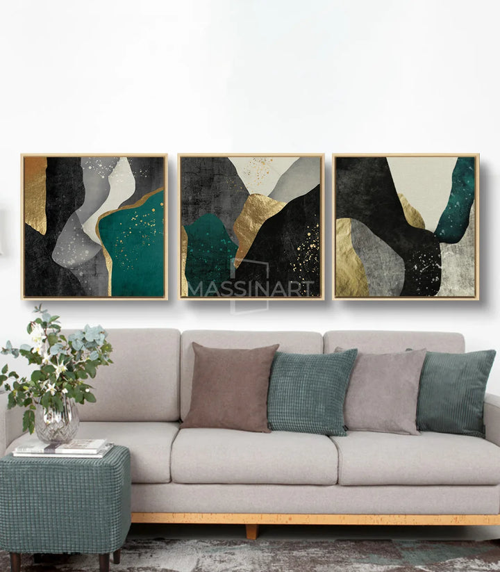 Tableau abstrait luxe panel droit — formes fluides noir turquoise blanc doré, Massinart