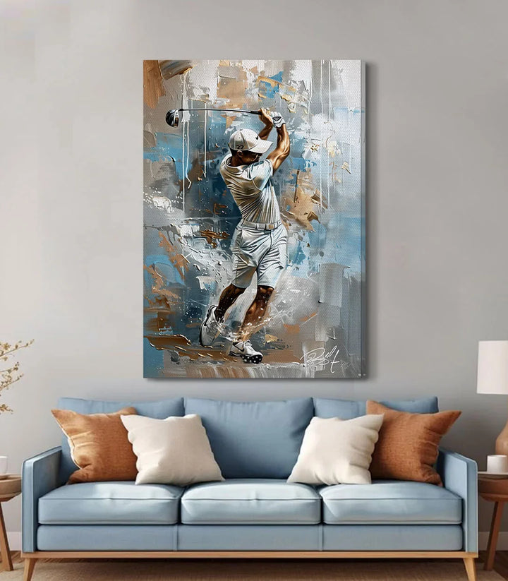 Tableau golfeur The Perfect Hit décoration mur salon bleu Massinart