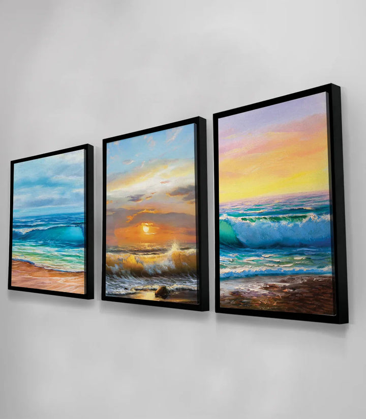 Vue salon complet — Triptyque océan harmonisant coussins dorés Massinart