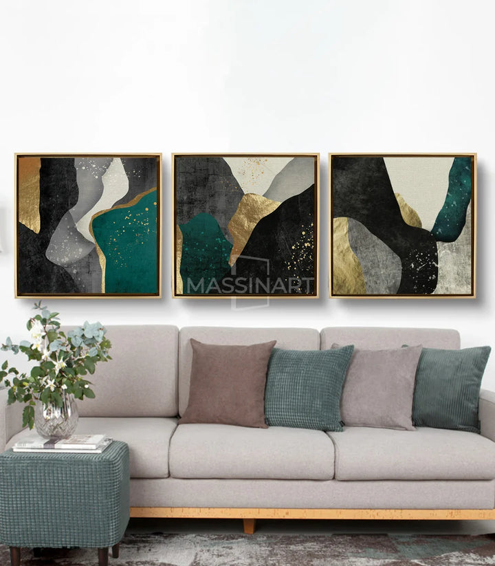 Tableau abstrait contemporain panel central — composition équilibrée noir blanc turquoise doré, Massinart