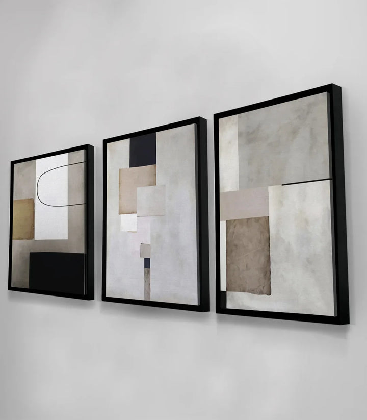 Tableau Quiétude triptyque abstrait blanc beige noir — détail formes géométriques Massinart
