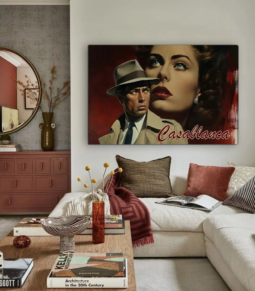 Mise en situation décoration intérieur — Tableau Casablanca dans salon avec mobilier contemporain Massinart