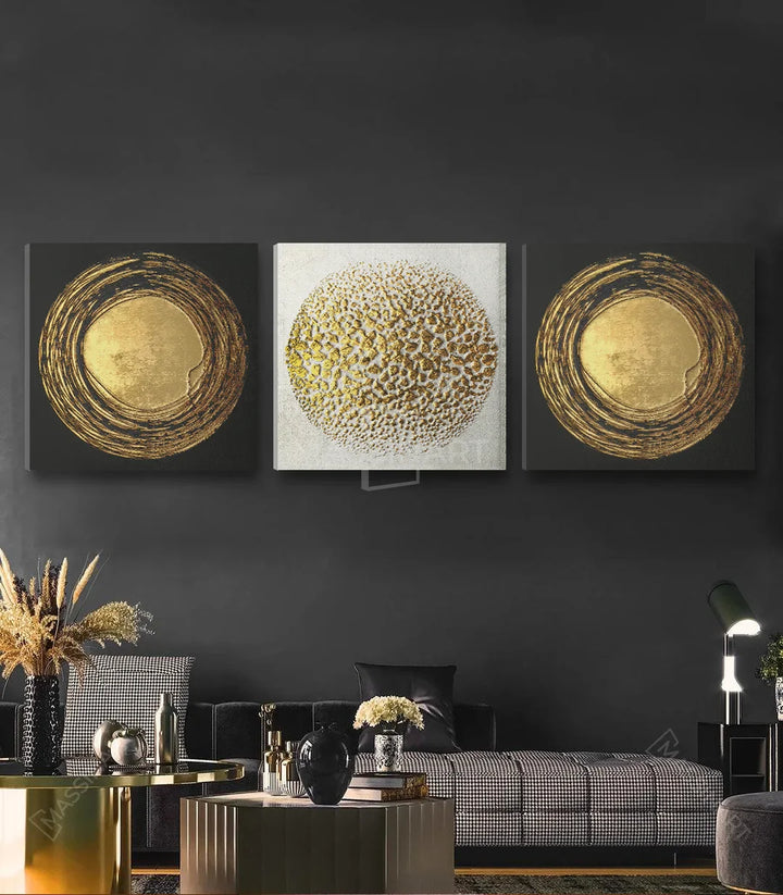 Mise en situation salon moderne - triptyque Golden circles Massinart