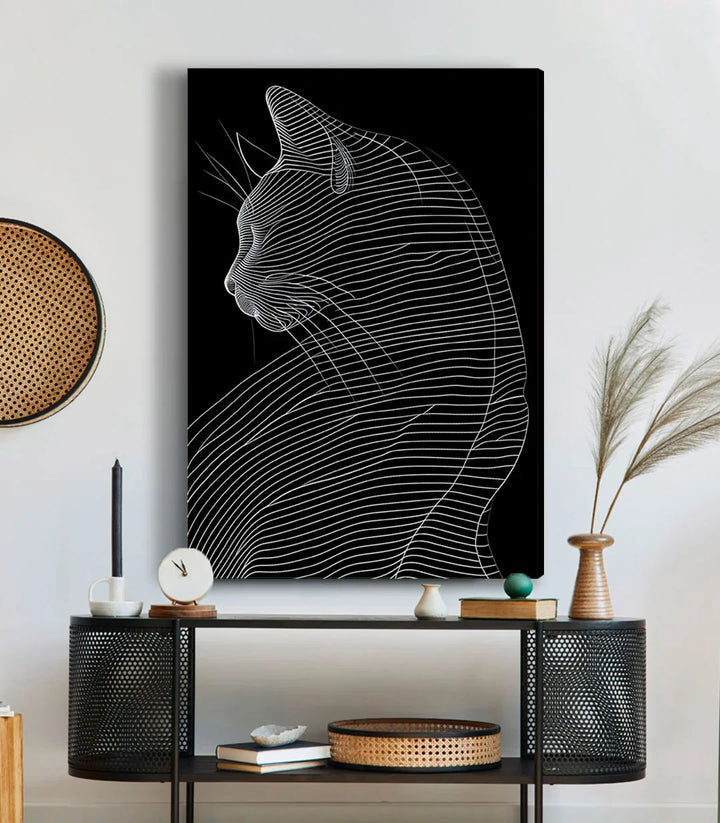 Tableau Linear Cat Massinart — détail des lignes minimalistes du portrait félin