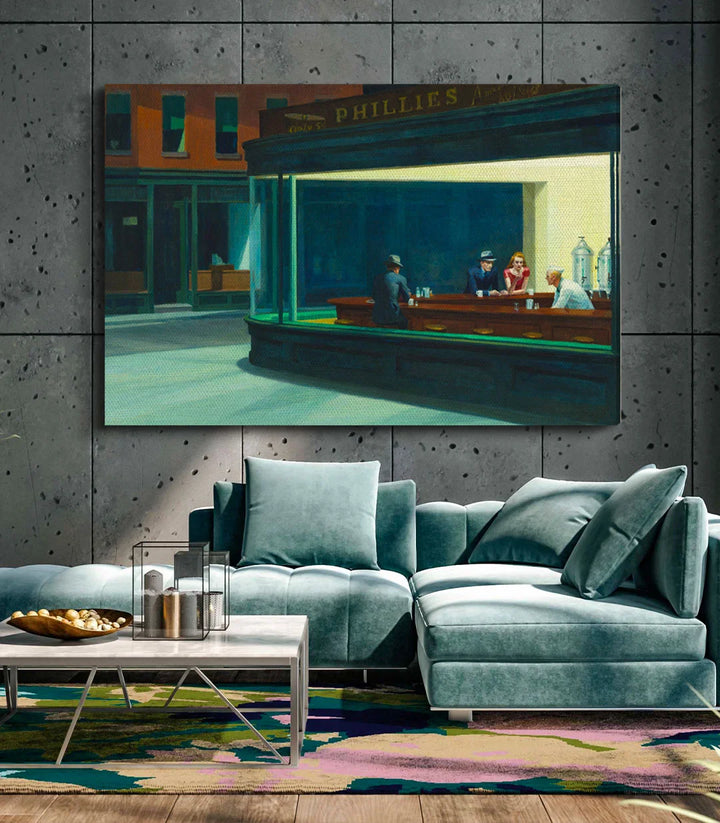 Simulation bureau — Tableau Nighthawks scène urbaine nocturne Massinart