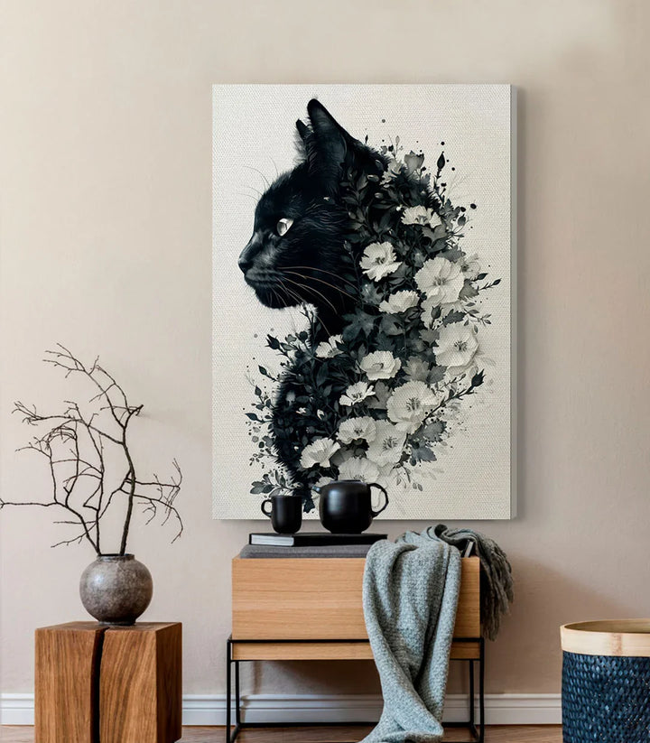 Tableau Feline Blossom portrait chat floral noir blanc Massinart