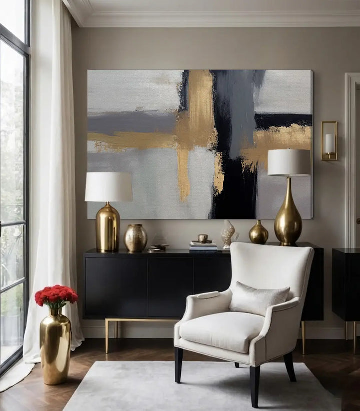 Décoration intérieur chambre à coucher Auric Massinart — art abstrait gris doré