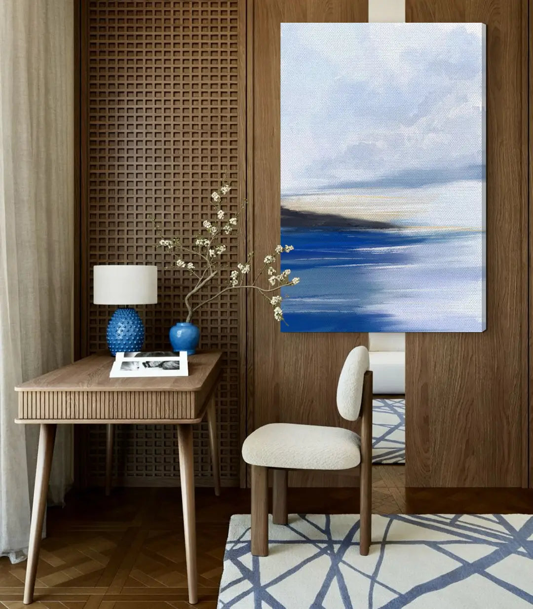 Tableau Blue Mist ambiance salon minimaliste Massinart