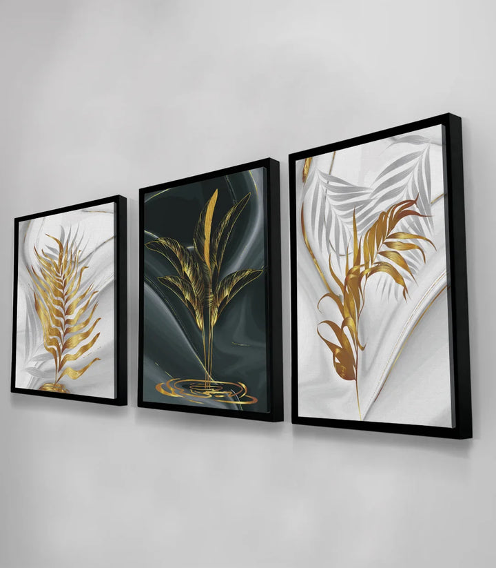 Mise en situation triptyque feuilles dorées mur gris salon Massinart