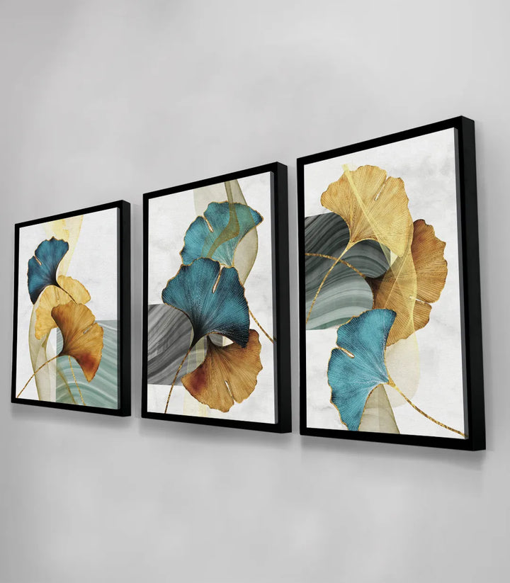 Détail triptyque Ginkgo Leaves — feuilles stylisées tons chauds et froids, Massinart