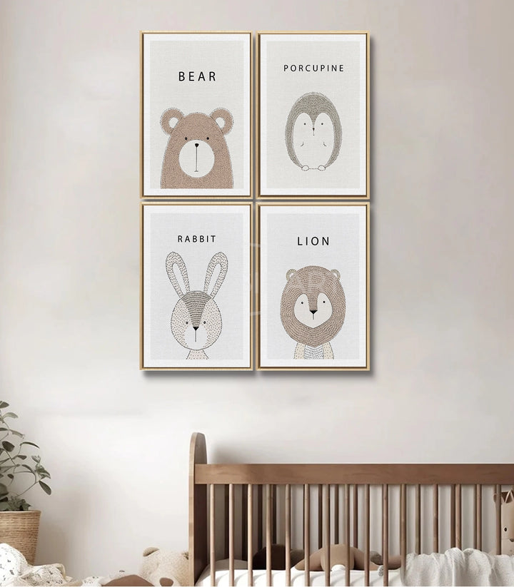 Mise en situation chambre enfant - Tableau set animaux minimalistes décoration murale Massinart
