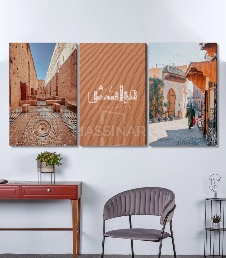 Mise en situation salon moderne — triptyque Red City au-dessus console rouge Massinart