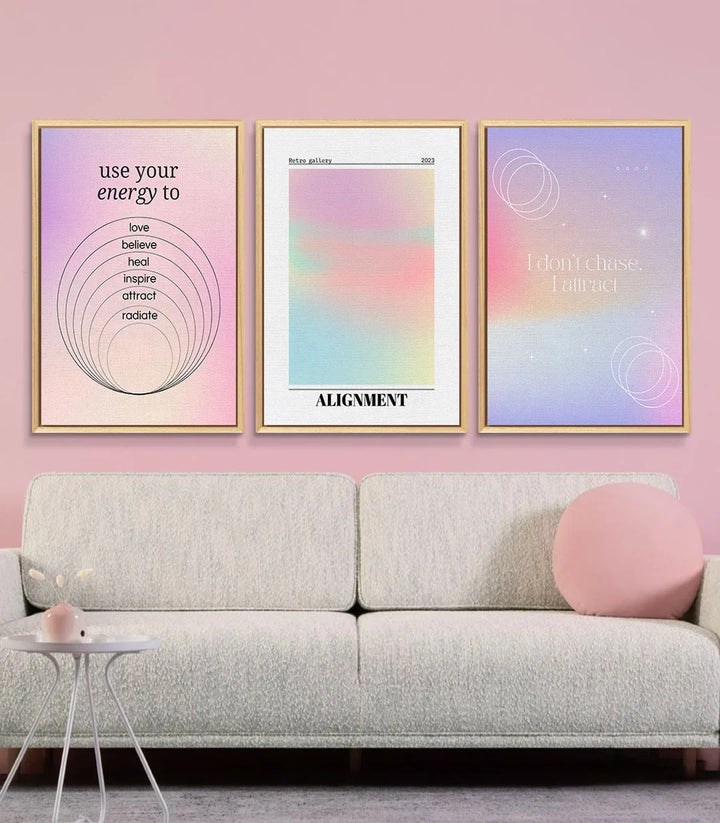Tableau Attract triptyque — Troisième panneau violet rose avec géométrie sacrée Massinart