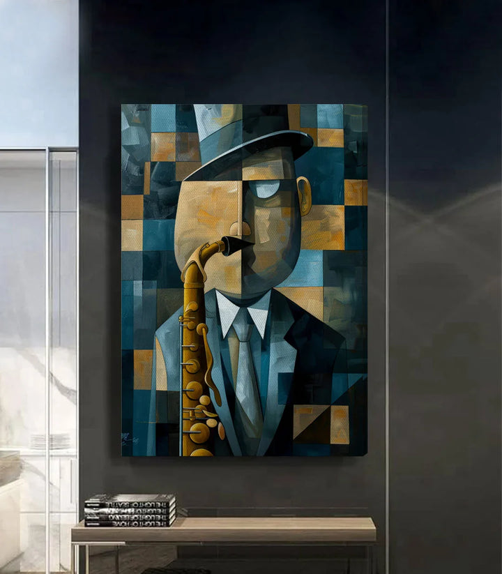 Tableau Echoes of the Sax détail portrait cubiste Massinart