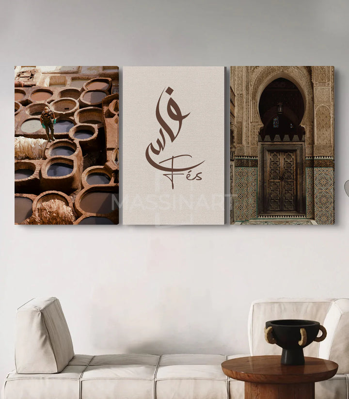 Mise en situation salon Fes Charm Massinart — triptyque mur
