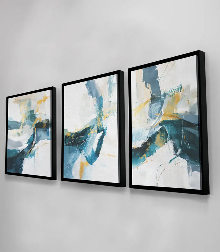 Tableau River Flow triptyque Massinart — ambiance salon moderne avec canapé teal