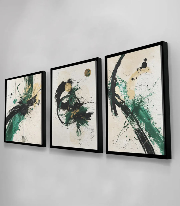 Composition complète Tableau Thrive — trois panneaux traits dynamiques et splash Massinart