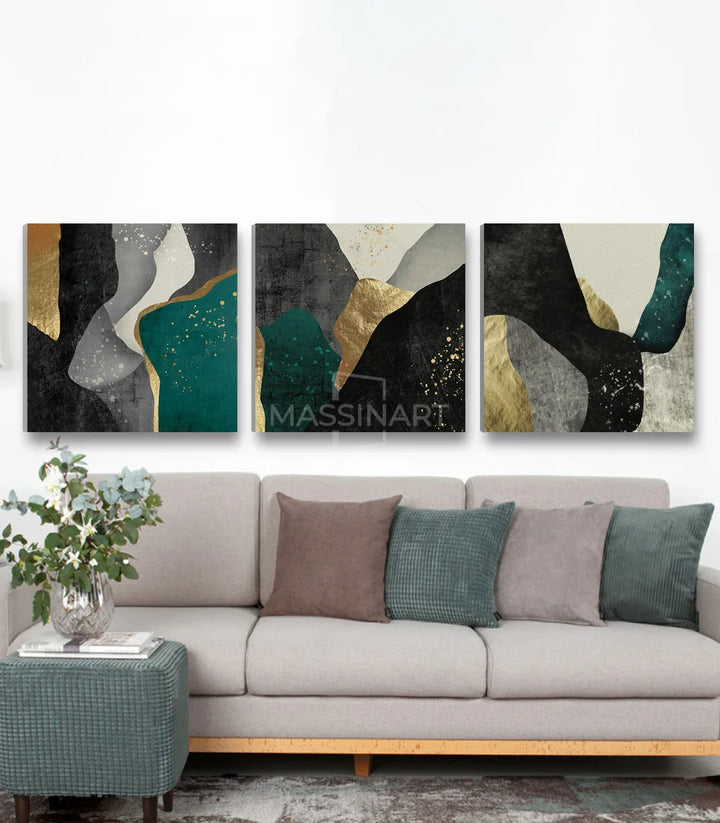 Triptyque abstrait Luxury Abstract en mise en situation salon moderne beige, Massinart