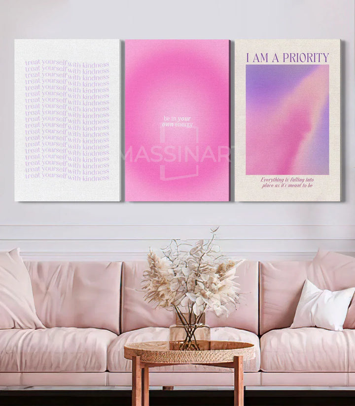 Mise en situation salon moderne triptyque affirmations rose Massinart