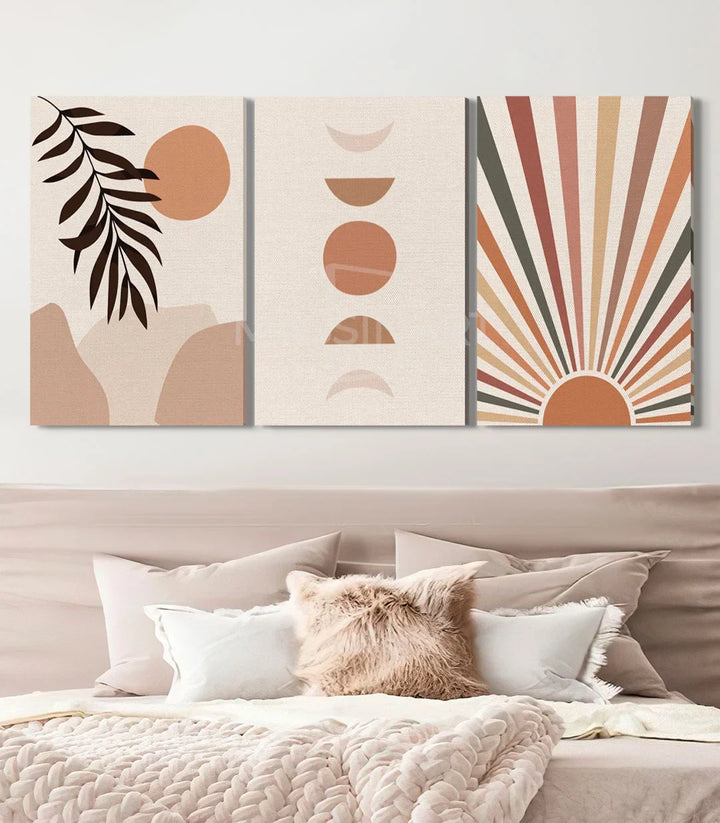 Mise en situation Solar Balance triptyque au-dessus du lit chambre moderne décoration murale Massinart