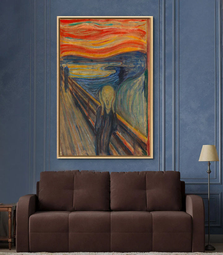 Tableau Le Cri détail expressionniste figure angoissée, palette bleu-rouge-jaune, Massinart premium