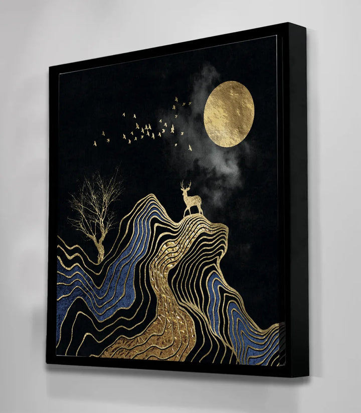 Tableau paysage abstrait courbes ondulantes doré bleu Massinart