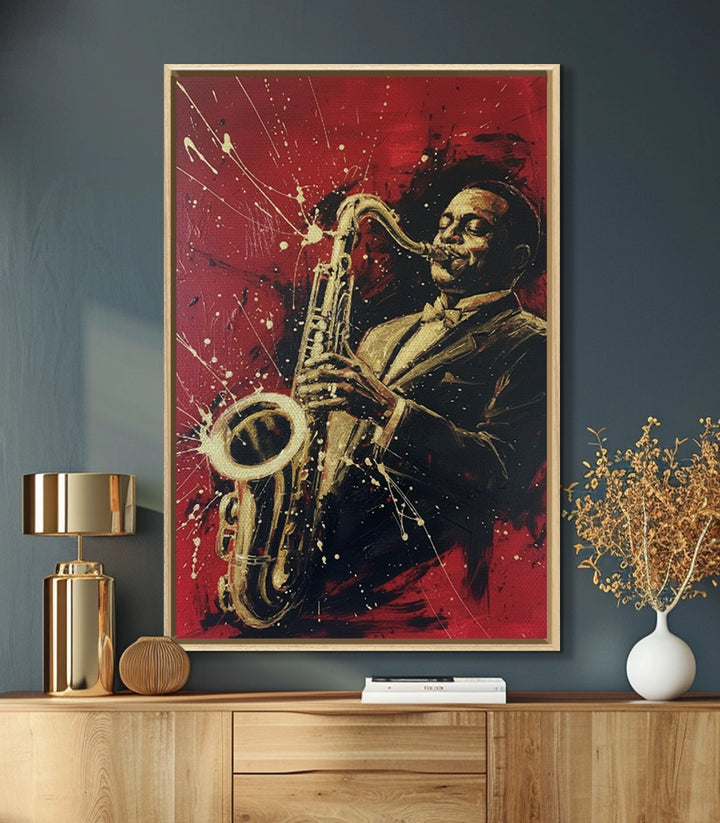 Tableau saxophoniste jazz mise en situation intérieur gris Massinart