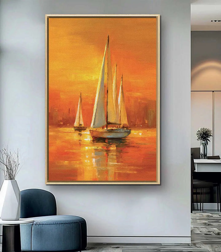 Mise en situation bureau Tableau Golden Sail Massinart — paysage marin coucher de soleil