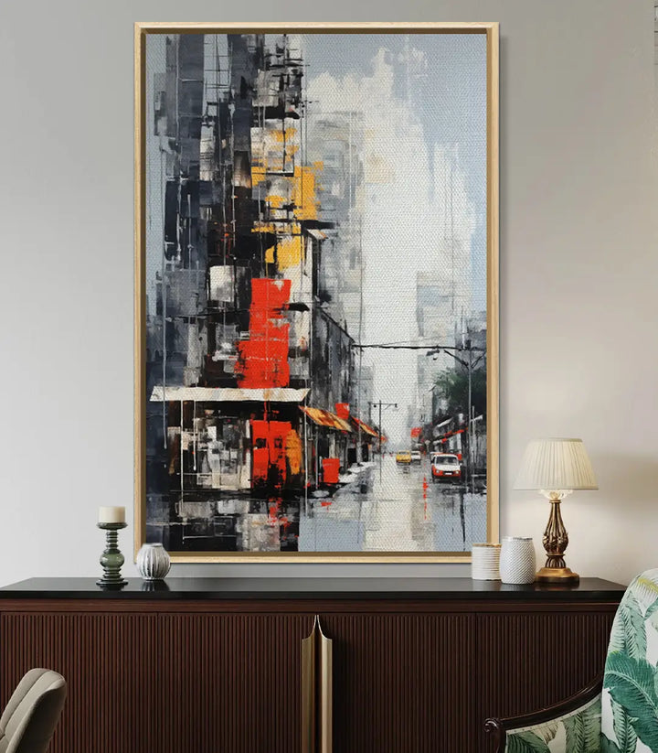 Mise en situation chambre à coucher, tableau abstrait rue brumeux Massinart