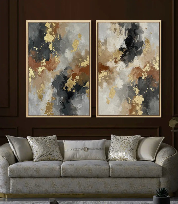 Détail gauche tableau abstrait Filons d'Or — veines dorées et gris expressionniste Massinart