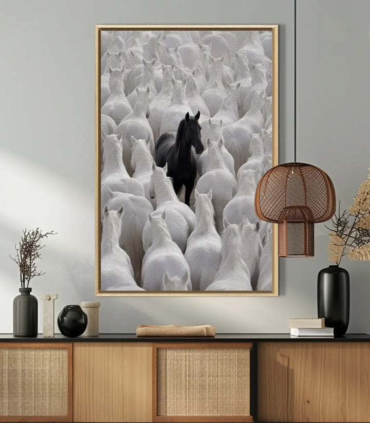 Mise en situation décoration intérieur — Tableau cheval noir et blanc Contraste au-dessus d'une console bois Massinart