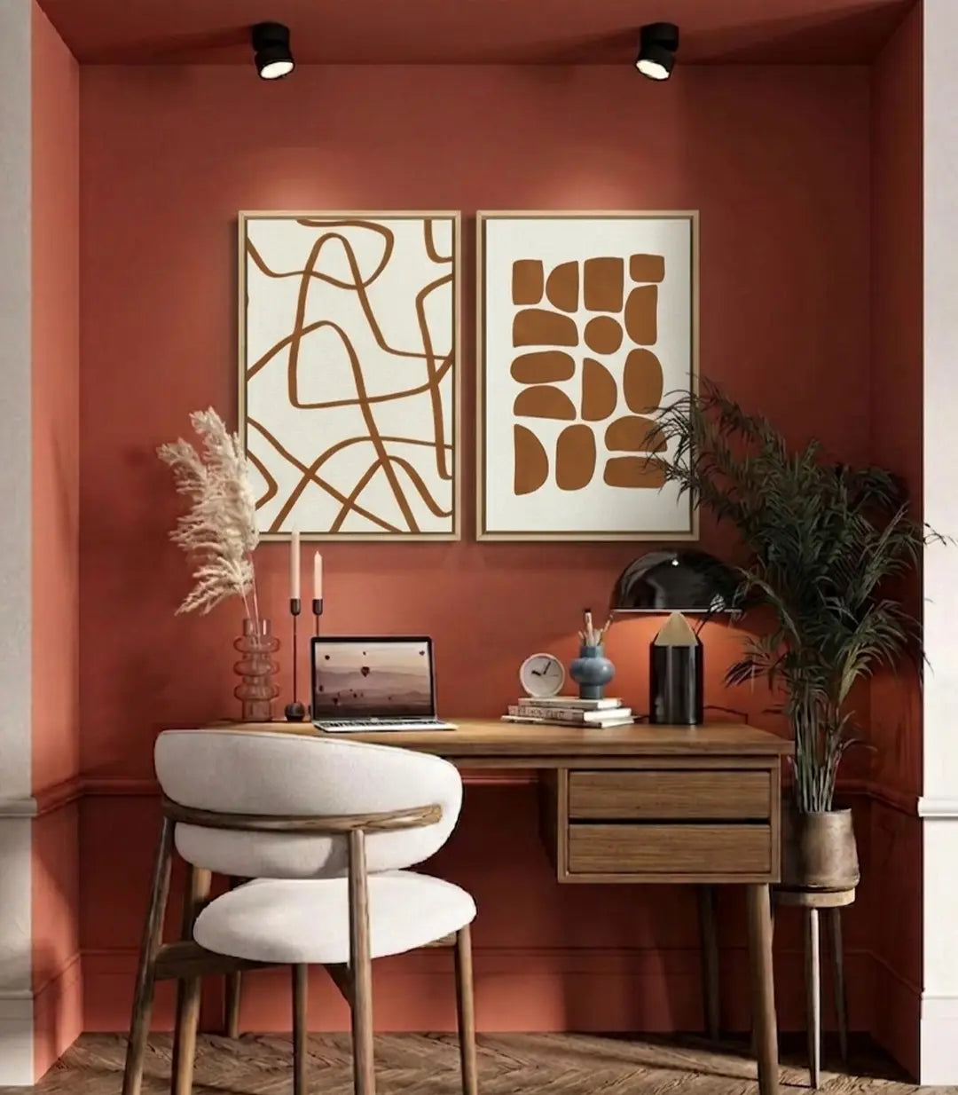 Mise en situation salon — Tableau Terra Lines diptyque au-dessus bureau moderne Massinart