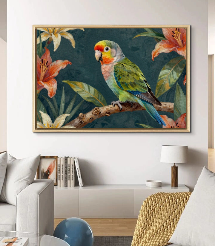 Tableau Parrot Bloom mise en situation salon moderne décoration intérieur Massinart