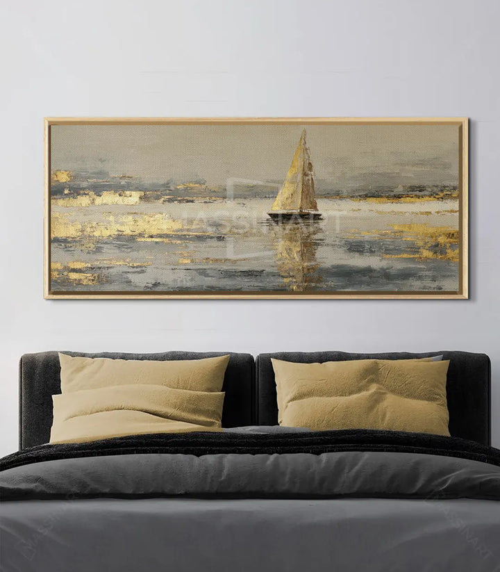 Décoration chambre à coucher — Tableau paysage marin Sail Glow, ensemble harmonieux noir et or Massinart