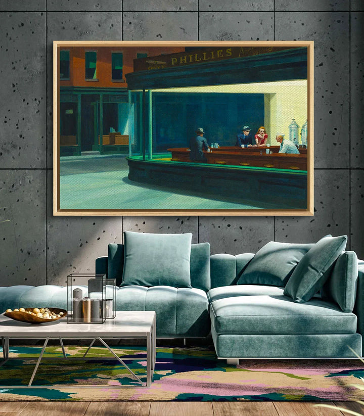 Tableau Nighthawks ambiance séjour — peinture café nocturne style vintage Massinart