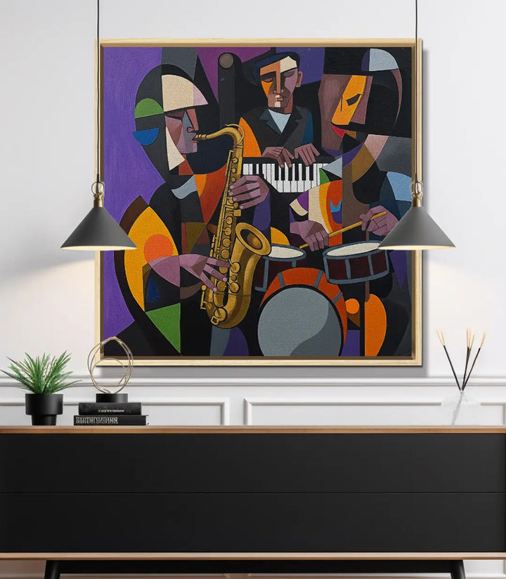 Tableau Cubist Groove mise en situation intérieur — peinture abstraite musique encadrée noir décoration murale Massinart