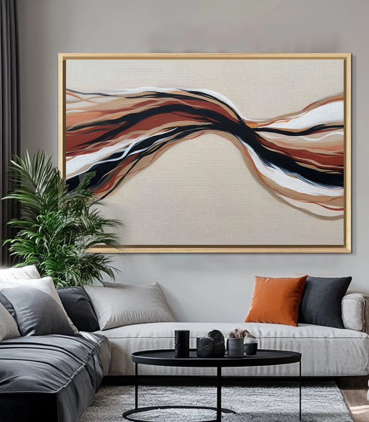 Décoration intérieur séjour contemporain — tableau abstrait vagues sur mur blanc Massinart