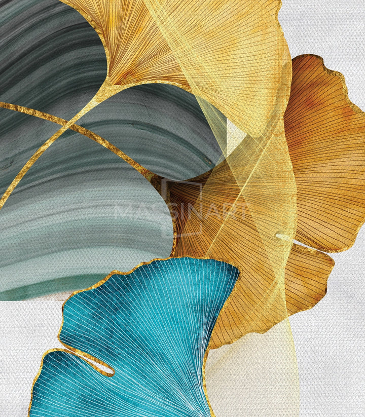 Décor mural artistique — feuilles ginkgo contemporain bleu et jaune, Massinart